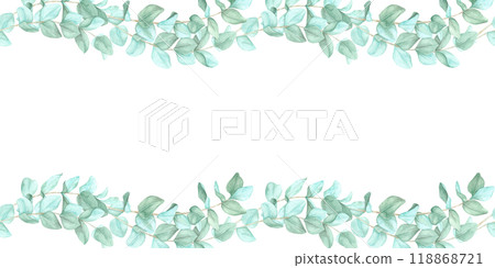 A horizontal line of green eucalyptus branches arranged closely together. Seamless border, watercolor clipart. Perfect for website banners, headers, and packaging designs with a botanical element A horizontal line of green eucalyptus branches arranged closely together. Seamless border, watercolor clipart. Perfect for website banners, headers, and packaging designs with a botanical element 118868721