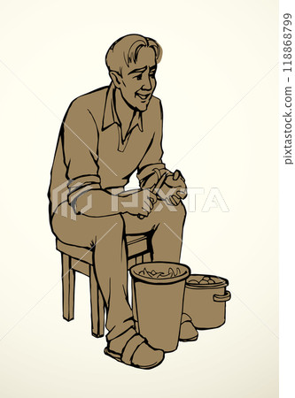 Vector drawing. A man peels potatoes Vector drawing. A man peels potatoes 118868799