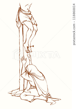 Vector drawing. Woman crying at the foot of the cross Vector drawing. Woman crying at the foot of the cross 118868814