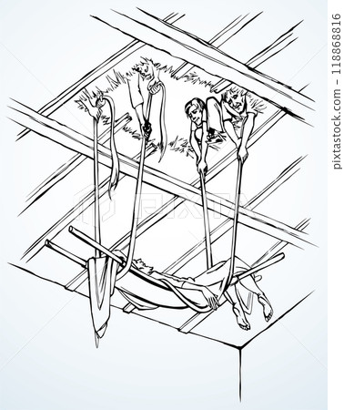 Vector drawing. The men dug up the roof to let the sick man in on a stretcher. Vector drawing. The men dug up the roof to let the sick man in on a stretcher. 118868816