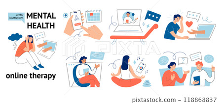 Online therapy vector illustration set in flat cartoon style. Perfect for mental health, virtual counseling, telemedicine, and psychological support designs. Therapist, meditation, treatment process Online therapy vector illustration set in flat cartoon style. Perfect for mental health, virtual counseling, telemedicine, and psychological support designs. Therapist, meditation, treatment process 118868837