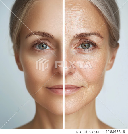 Before and after: aging effect on female face with wrinkle comparison Before and after: aging effect on female face with wrinkle comparison 118868848