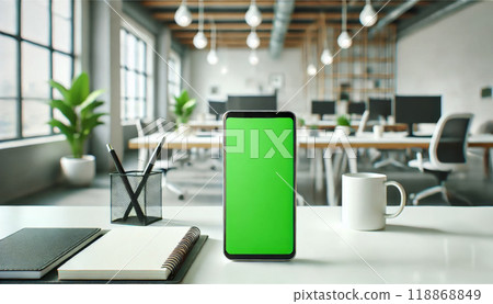 Modern workspace with green screen smartphone, industrial design, and natural light Modern workspace with green screen smartphone, industrial design, and natural light 118868849