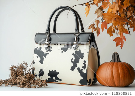 Fashionable cow-print handbag with autumn leaves and pumpkin decor Fashionable cow-print handbag with autumn leaves and pumpkin decor 118868851