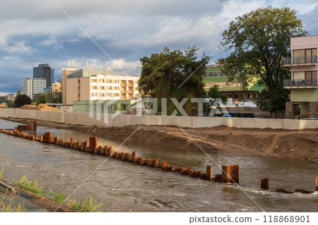 Flood wall in river basin of Svratka, Brno, Czech republic, floods after storm Boris, September 15, 2024. Flood wall in river basin of Svratka, Brno, Czech republic, floods after storm Boris, September 15, 2024. 118868901