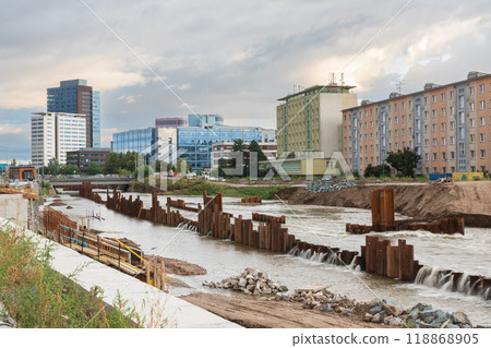 Flood wall in river basin of Svratka, Brno, Czech republic, floods after storm Boris, September 15, 2024. Flood wall in river basin of Svratka, Brno, Czech republic, floods after storm Boris, September 15, 2024. 118868905