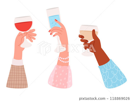 Holiday party. Male ethnic black and light skinned hand with glass of red and white wine and elegant female hand with drink in glassful. Vector illustration. Isolated festive elements in flat style 118869026
