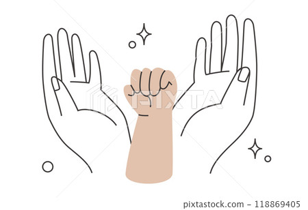 parents hands holding child hand clenched in fist 118869405