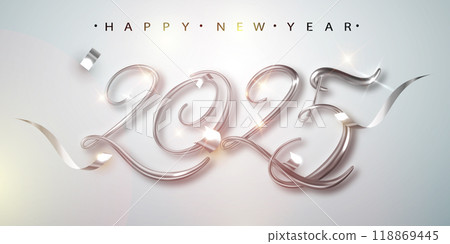 2025 Happy New Year banner with silver 3d realistic number and falling confetti. Celebration New Year's Eve bright background. 118869445