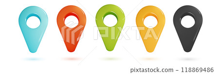 Realistic geolocation icons set on transparent background. Cool Geolocation map pin icons 118869486