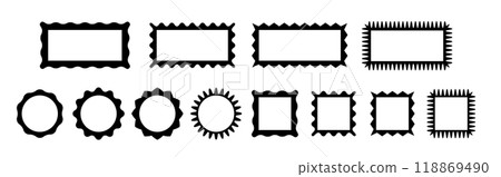 Jagged edge rectangle frames collection. Zig zag rectangular borders. Black design elements for decoration, banner, poster, template, sticker, badge 118869490