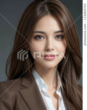 A woman wearing a suit and smiling gently 118869703