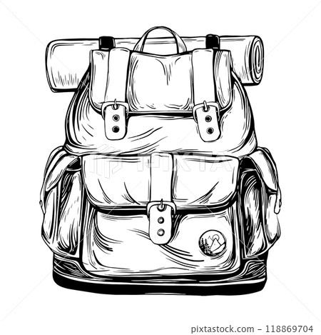 Backpack vector illustration in linear drawing style. Hand drawn drawing sketch of travel bag for adventure or camping on isolated background. Black etching of luggage for tourism trip or hiking. 118869704
