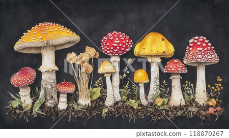Detailed botanical drawing showcasing Amanita muscaria and and other mushrooms 118870267
