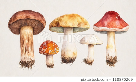 Detailed botanical drawing showcasing different mushrooms 118870269