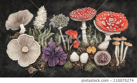 Detailed botanical drawing showcasing Amanita muscaria and and other mushrooms 118870274