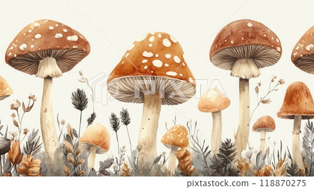 Detailed botanical drawing pattern showcasing different mushrooms Detailed botanical drawing pattern showcasing different mushrooms 118870275