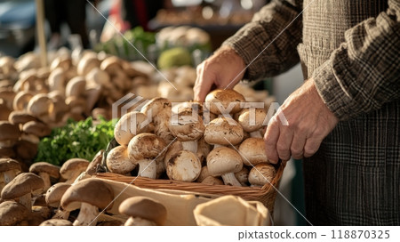 Farmers' market with mushrooms in various containers 118870325
