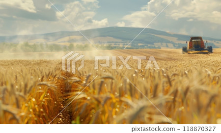 Wheat harvesting in a vast sunset field 118870327