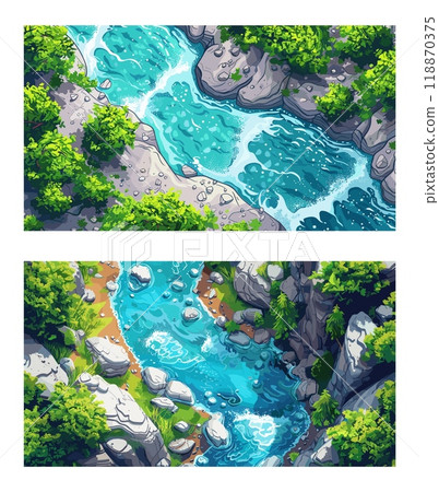 Top view spring river cartoon vector scenes. Winding azure water ripples shoreline boulders trees leaves grass meadow canyon liquid panoramic concepts 118870375