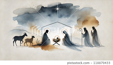 Watercolor painting representing Nativity scene in Bethlehem. Christmas scene illustration showing holy family baby Jesus in the manger Joseph and Mary. Banner or wallpaper. Copy space 118870433