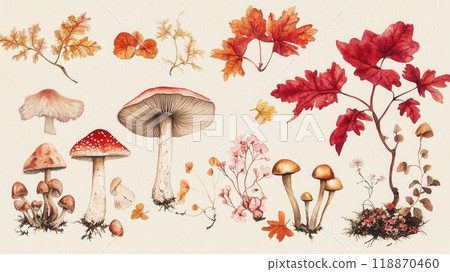 Detailed botanical illustration with plants and mushrooms 118870460