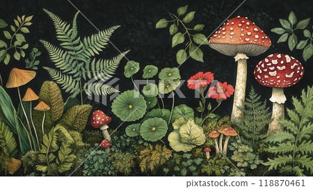 Detailed botanical illustration with plants and mushrooms 118870461