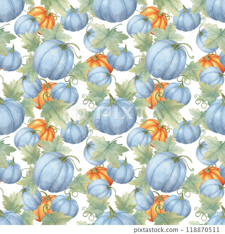 Blue and orange pumpkins with green leaves and vines backdrop. Watercolor seamless pattern great for textile designs, seasonal gift wrap, kitchen towels, and fall-themed party invitations Blue and orange pumpkins with green leaves and vines backdrop. Watercolor seamless pattern great for textile designs, seasonal gift wrap, kitchen towels, and fall-themed party invitations 118870511