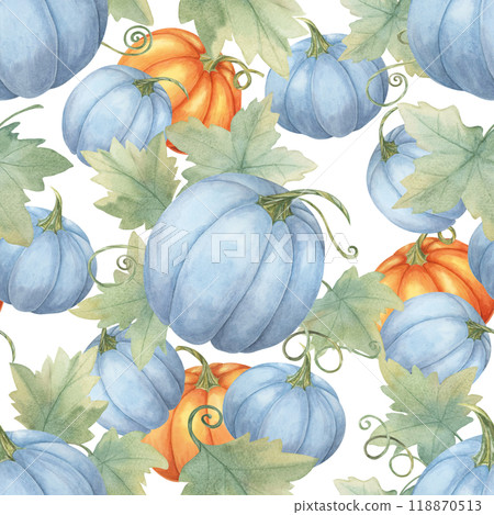 Blue and orange pumpkins with green leaves and vines backdrop. Watercolor seamless pattern great for textile designs, seasonal gift wrap, kitchen towels, and fall-themed party invitations Blue and orange pumpkins with green leaves and vines backdrop. Watercolor seamless pattern great for textile designs, seasonal gift wrap, kitchen towels, and fall-themed party invitations 118870513