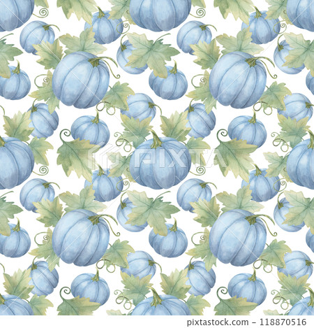 Blue pumpkins with green leaves and vines dense background. Seamless watercolor pattern for creating autumn-inspired home decor, event invitations, party supplies, and eco-friendly packaging Blue pumpkins with green leaves and vines dense background. Seamless watercolor pattern for creating autumn-inspired home decor, event invitations, party supplies, and eco-friendly packaging 118870516