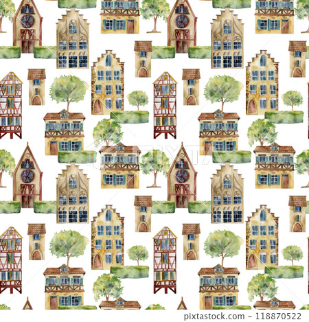 Old European city town street houses urban facades, trees. Historical cityscape building. Watercolor hand drawn seamless banner. For tourist shops, souvenirs, travel brochures, architectural bureau 118870522