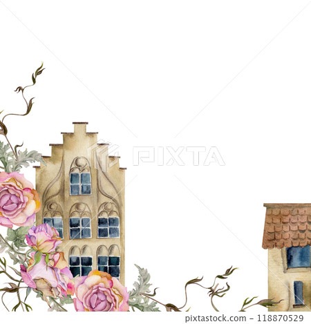 Old European city town street houses facades, rose berry ivy vine flowers. Historical cityscape building. Watercolor hand drawn border frame. Tourist shops, souvenirs, travel brochures, real estate 118870529