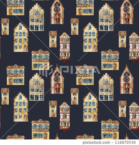 Old European city town street houses, urban exterior facades. Historical cityscape building. Watercolor hand drawn seamless pattern. Tourist shops, souvenirs, travel brochures, architectural bureau 118870530