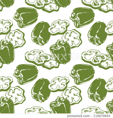Vector pattern of ripe pepper. Background of whole vegetables and slices. Green ink drawing. Engraving style sketch on white background. Culinary spice. Illustration for packaging, wallpaper. 118870605