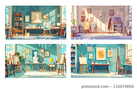 Art studio cartoon vector concepts. Easels busts painted shelves window brushes paintings drawing educational creative empty interior window room class bright illustrations 118870608