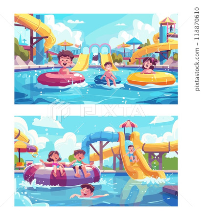 Aquatic park cartoon vector scenes. Waterpool spiral happy kids boy girl pipes slides loungers umbrellas swimming pool sun tropical recreation resort characters landscape trip vacation illustrations 118870610