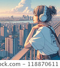 Camera girl with cityscape in the background 118870611