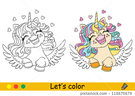 Coloring cute baby dreaming unicorn with wings vector illustration Coloring cute baby dreaming unicorn with wings vector illustration 118870879