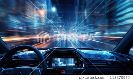 a modern high speed car rushes down the street of a night city, first person view, street lights, road, blurred motion 118870973