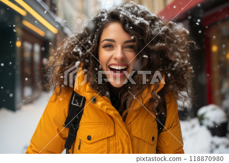 Portrait of a girl on a city street in winter 118870980