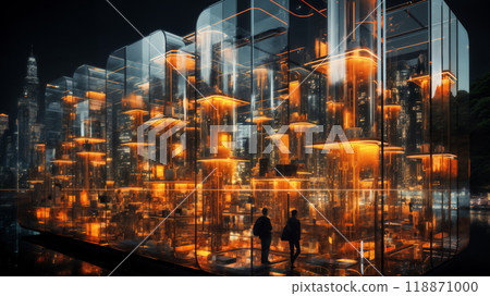 The night streets of a futuristic city, the facades of buildings made of glass 118871000