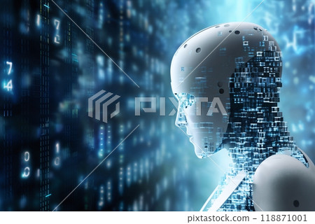 android robot works with computer and data against background of abstract digital space with holographic elements and lights, cyber future android robot works with computer and data against background of abstract digital space with holographic elements and lights, cyber future 118871001