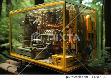 retro electronic device for scientific research and measurements, a close-up object in a forest retro electronic device for scientific research and measurements, a close-up object in a forest 118871029