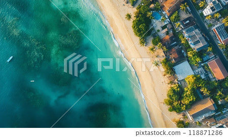 Aerial view of beach and ocean waves 118871286