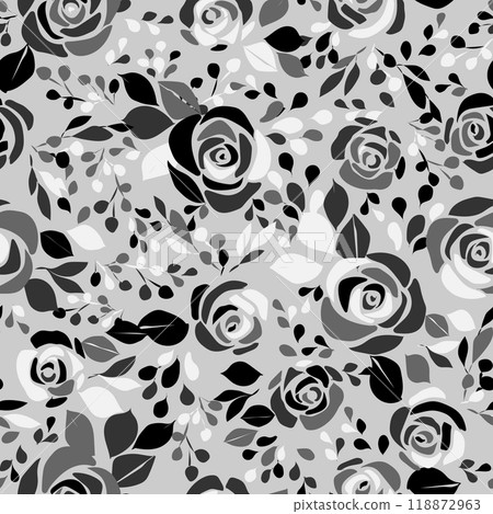 Seamless pattern with beautiful vintage rose and decorative leaf silhouette. Black and white wallpaper with flower. Vector illustration.  118872963