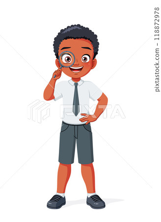 Young African American boy looking through a magnifying glass. Cartoon vector illustration. Young African American boy looking through a magnifying glass. Cartoon vector illustration. 118872978