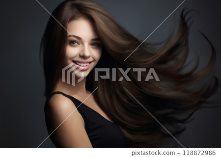 portrait of a young beautiful woman with long curly hair, close-up face, on a dark background, studio beauty photo, style and fashion 118872986