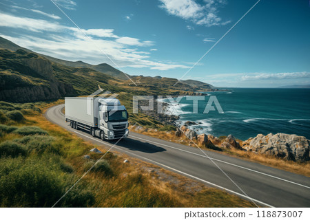 A white truck is driving on the road against the background of a summer landscape, sea and mountains A white truck is driving on the road against the background of a summer landscape, sea and mountains 118873007