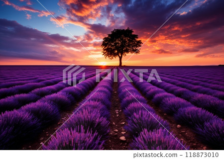 lavender field at sunset, with a tree in the distance, against a beautiful sky 118873010