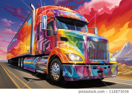A truck is driving on the road against the background of a summer landscape 118873036